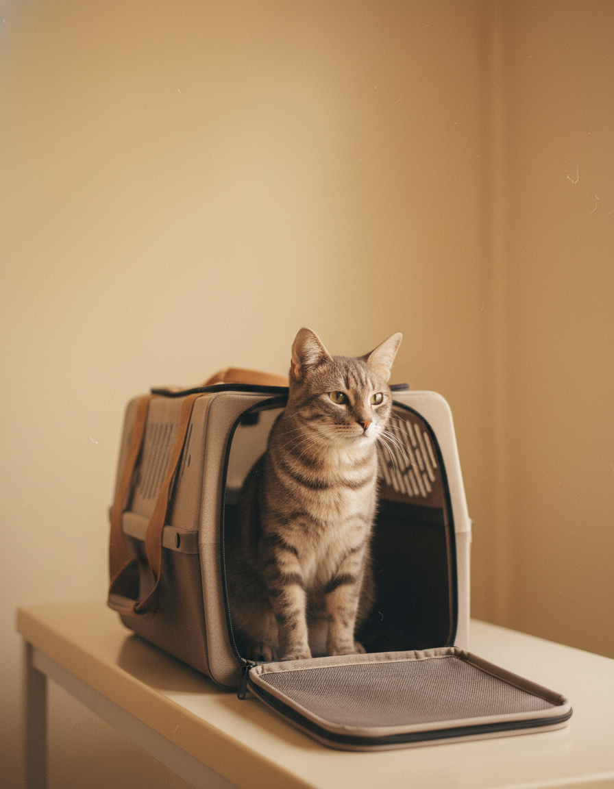 Gato en su transportadora siendo recibido